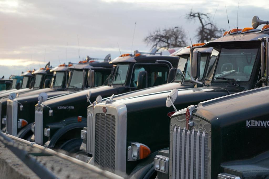 retro black trucks in row